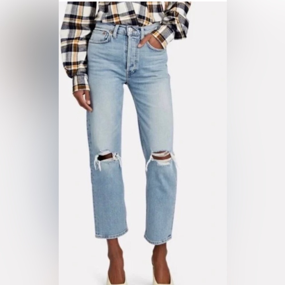 Re/Done Light Blue 70’s Stove Pipe Distressed Jeans